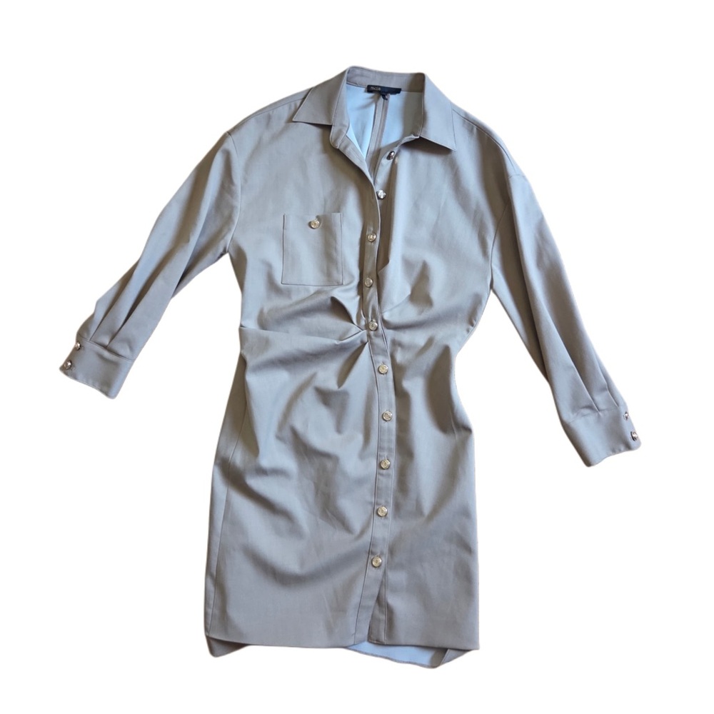 Maje Tan Khaki Asymmetrical Long Sleeve Above Knee Button-Down Casual Dress